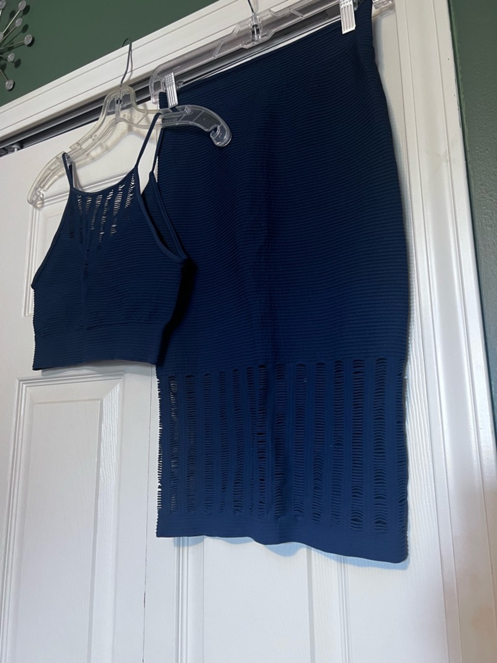 BCBGeneration Navy Ribbed Midi Skirt with Openwork Hem
